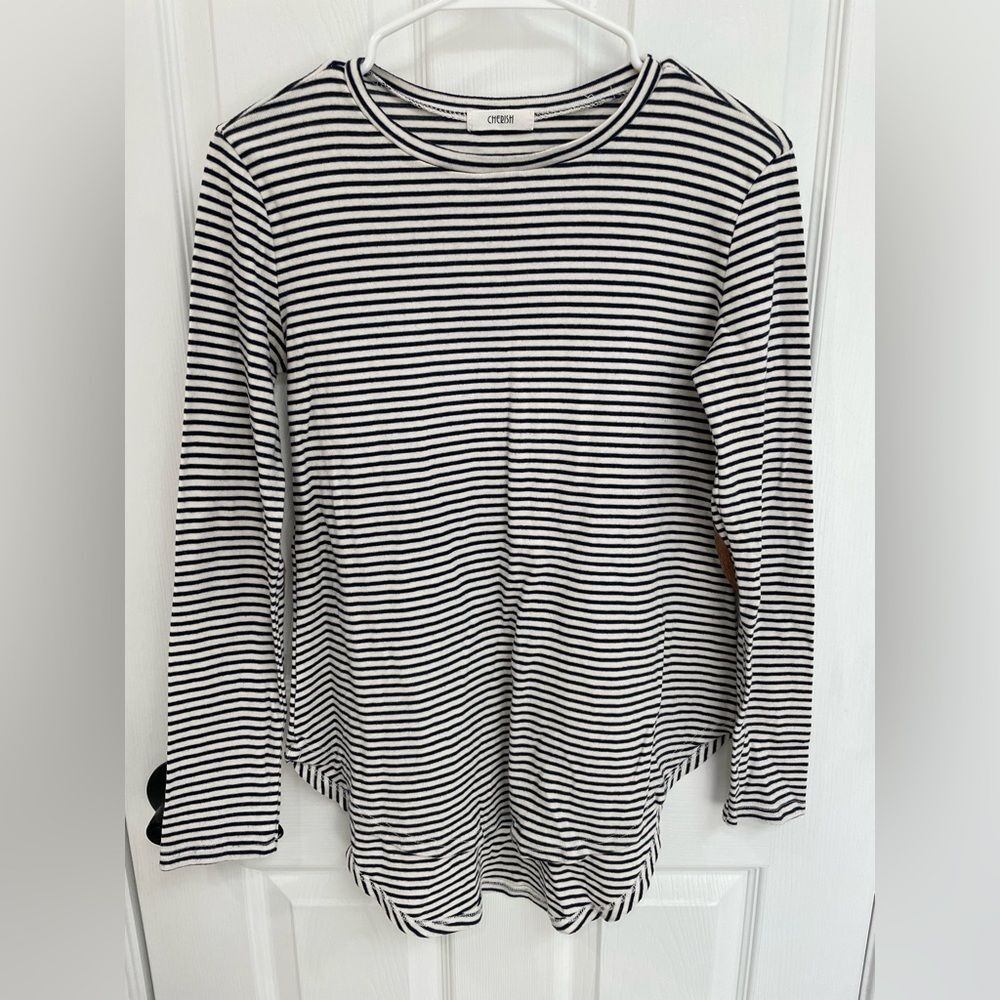 Cherish Black White Stripe Brown Elbow Patch Long Sleeve High Low Hem Tee Size M